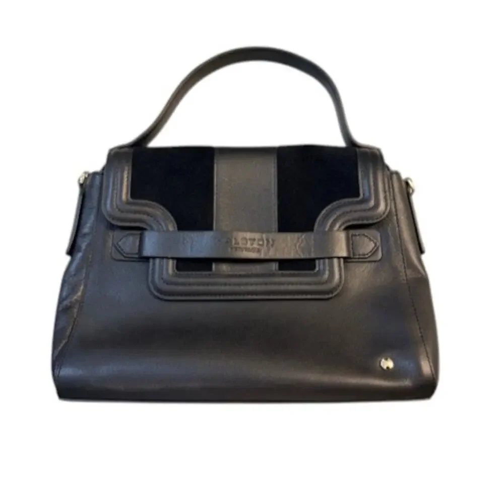 Halston Heritage Black Leather Top Handle Satchel Bag Gold Lining EUC Chic